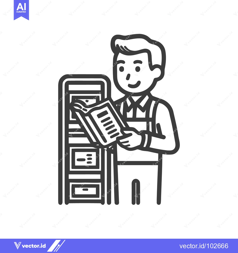 Premium Vector of Smiling Man Reading Book by Bookshelf, Clean Monochrome Line Art Icon