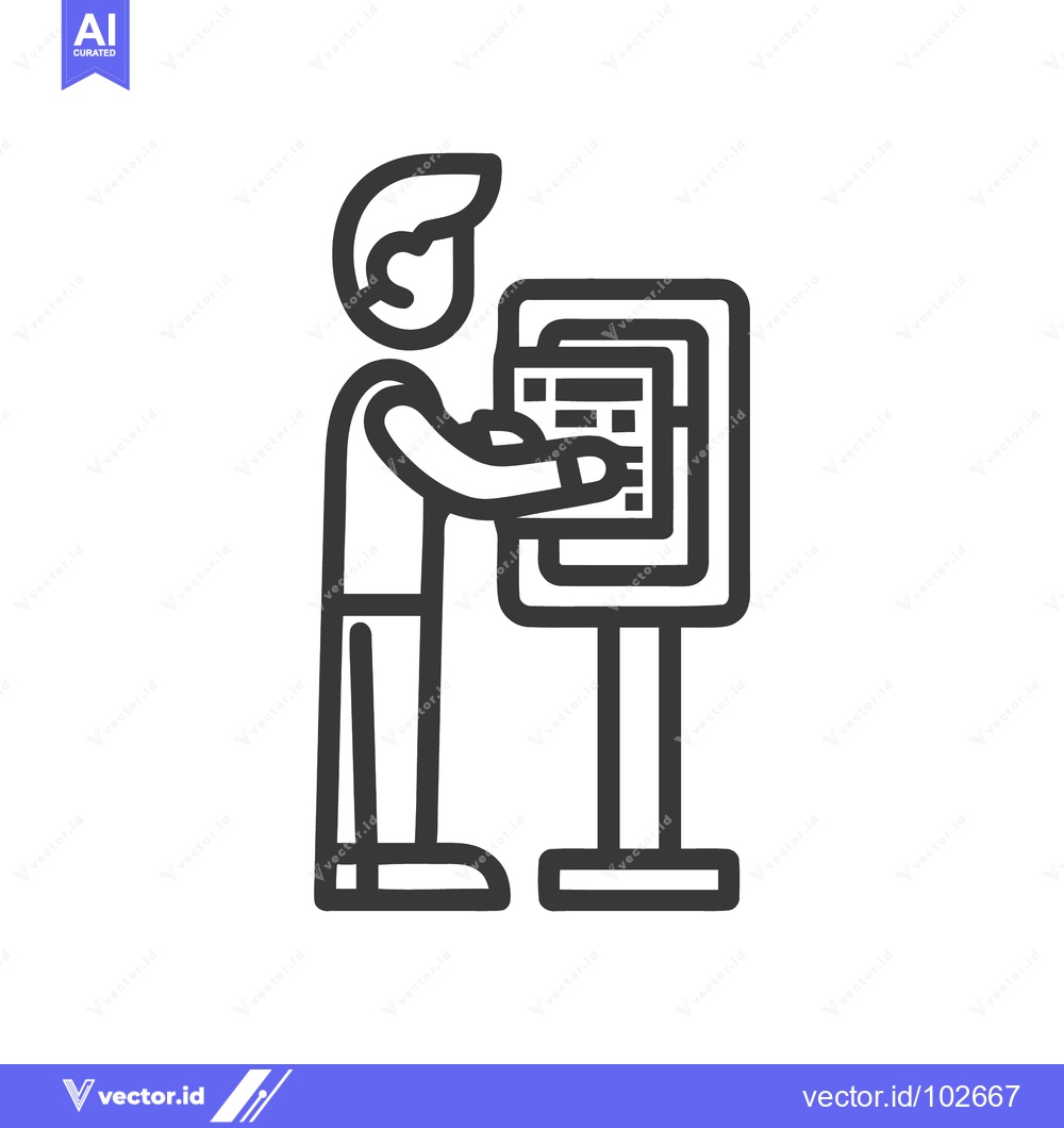 Premium Vector of Modern Line Art Icon: Person Using Digital Kiosk for Self-Service, Inf