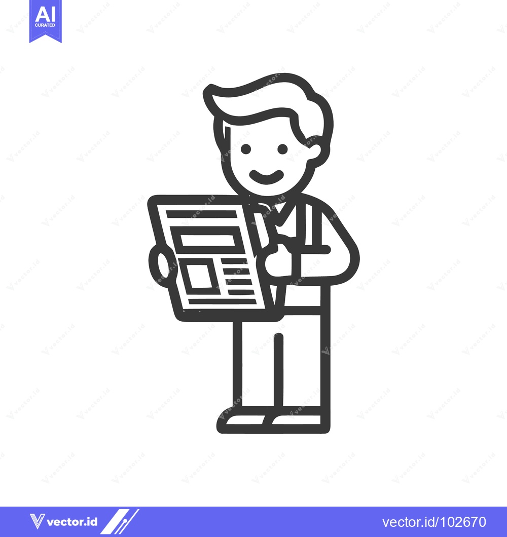 Premium Vector dari Smiling Man Reading Newspaper Line Art Icon, Happy Person Absorbing Ne