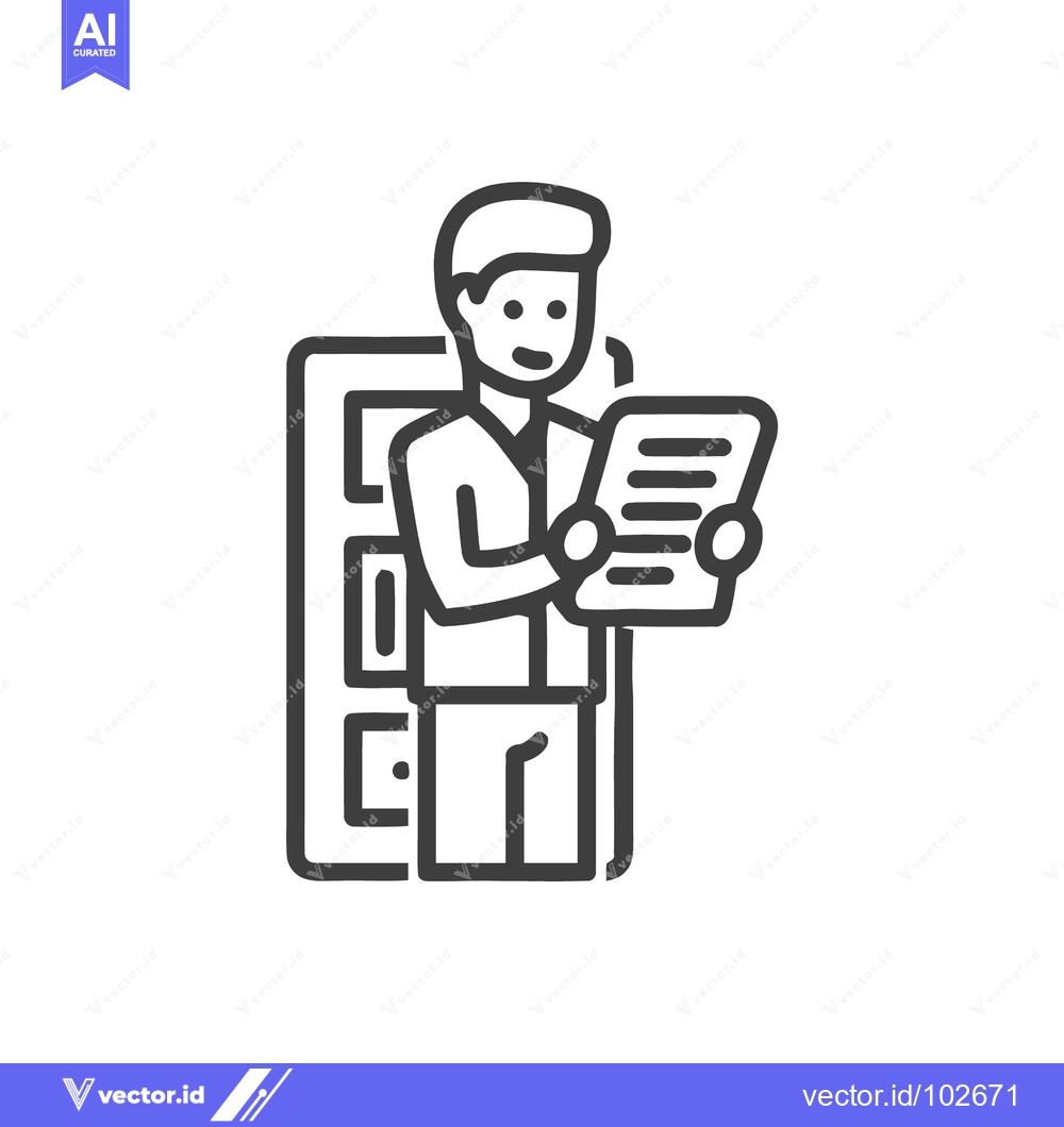 Premium Vector of Smiling Man Reviewing Document in Office Line Art Icon with Bookshelf