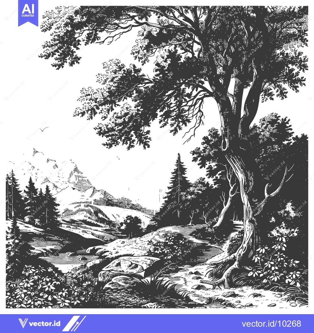 Premium Vector dari A Black and White Illustration of a Forest Landscape with a Large Tree
