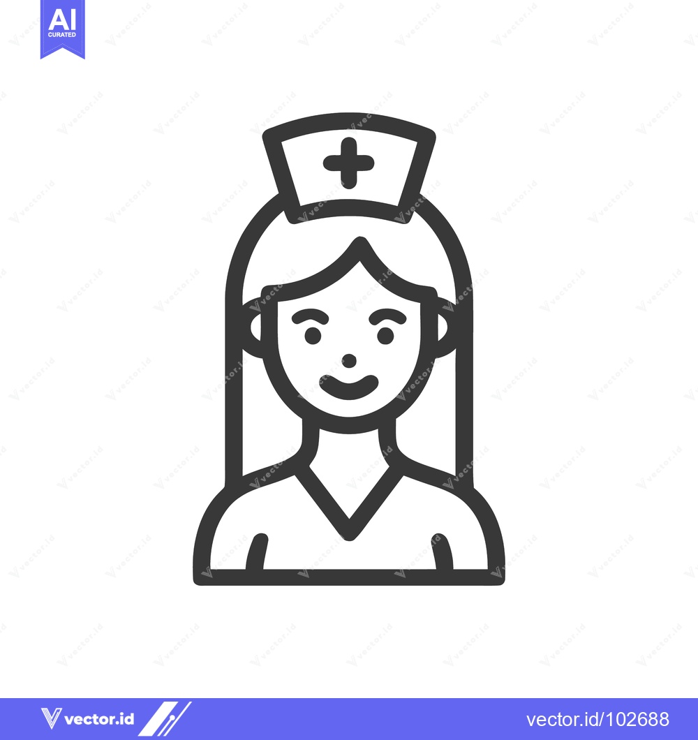 Premium Vector dari Smiling Female Nurse Icon with Medical Cross Cap, Simple Line Art Heal