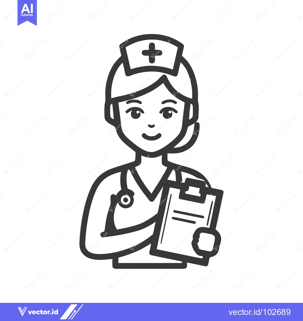 Premium Vector dari Smiling Female Nurse Line Art Icon with Clipboard and Stethoscope, Sim