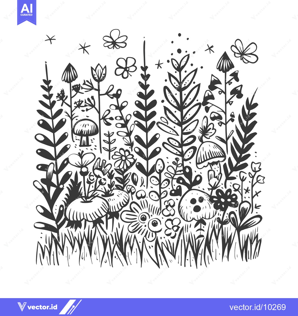 Premium Vector dari A Black and White Illustration of a Forest Meadow with Flowers and Mus