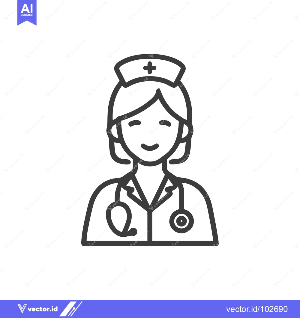 Premium Vector of Smiling Female Nurse Line Art Icon with Stethoscope and Cap, Symbolizi