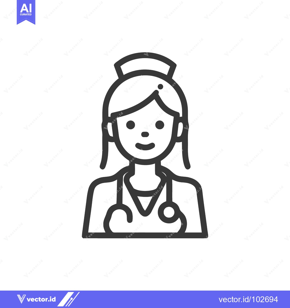 Premium Vector of Smiling Female Nurse Line Art Icon with Stethoscope and Cap, Healthcar