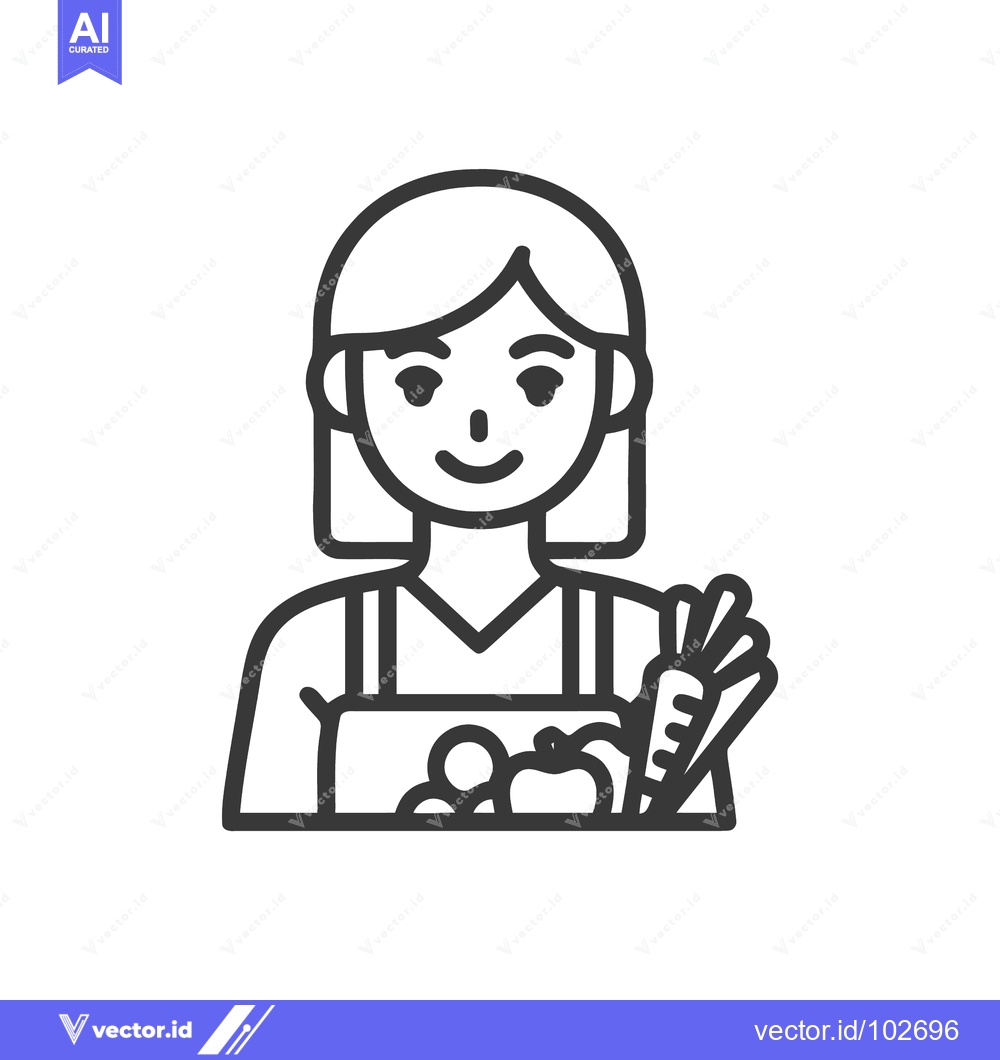 Premium Vector dari Charming Line Art Icon of Smiling Woman in Apron Presenting Fresh Orga
