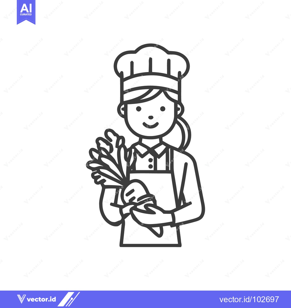 Premium Vector of Smiling Female Chef Icon Holding Fresh Vegetables in Minimalist Line A