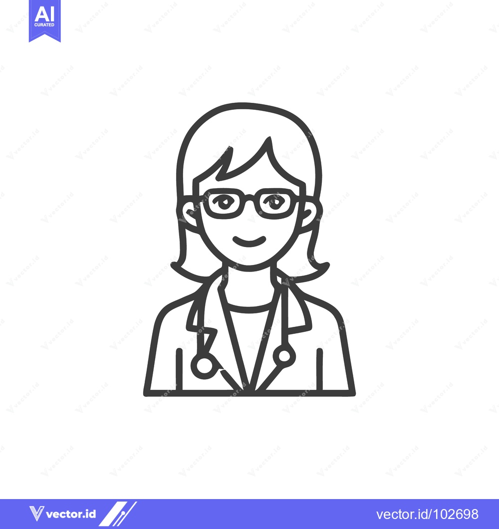 Premium Vector of Smiling Female Doctor Line Art Icon with Stethoscope and Glasses, Heal