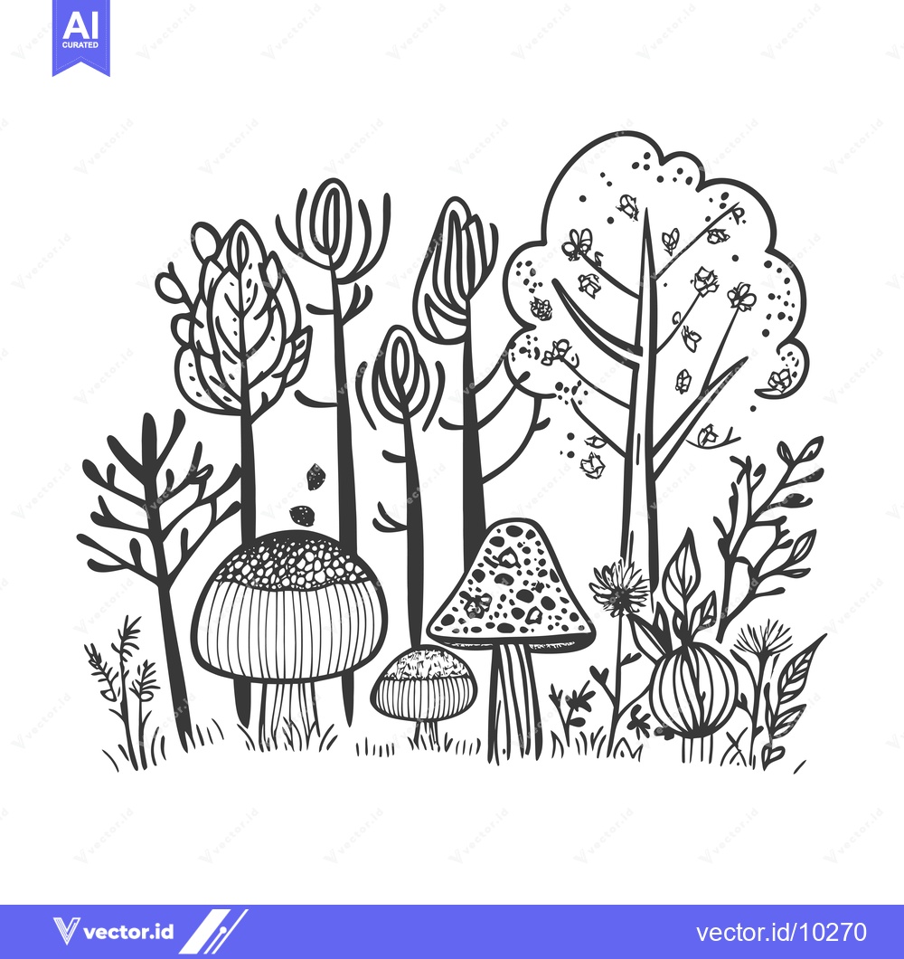 Premium Vector of A Black and White Illustration of a Forest with Mushrooms and Trees