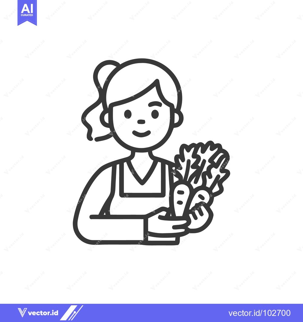 Premium Vector dari Smiling Woman Holding Fresh Carrots Line Art Icon, Happy Female Garden