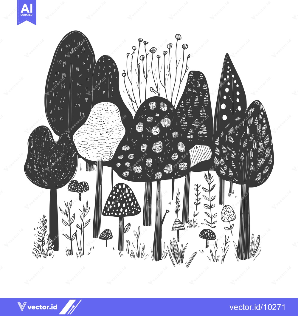 Premium Vector of A Black and White Illustration of a Forest with Trees and Mushrooms
