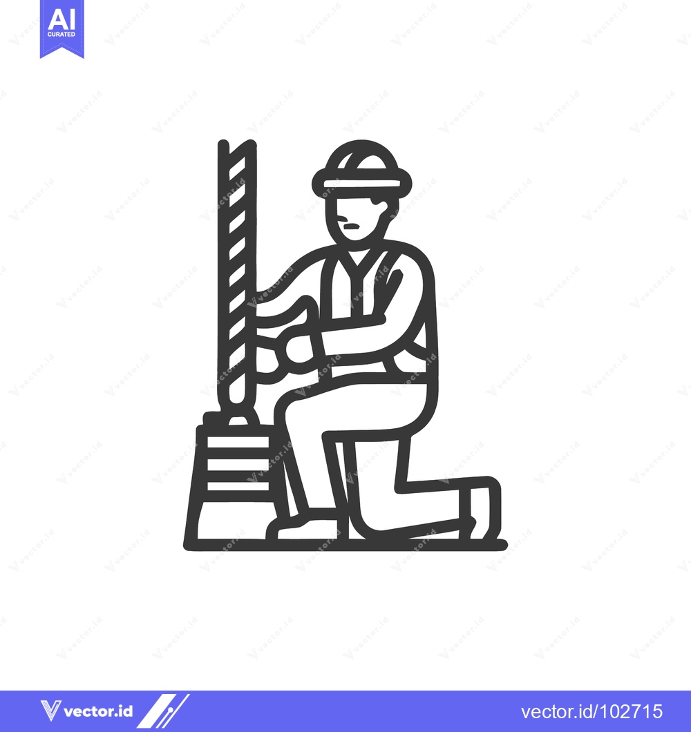 Premium Vector of Monochrome Line Art Icon of Industrial Worker Kneeling Operating a Dri