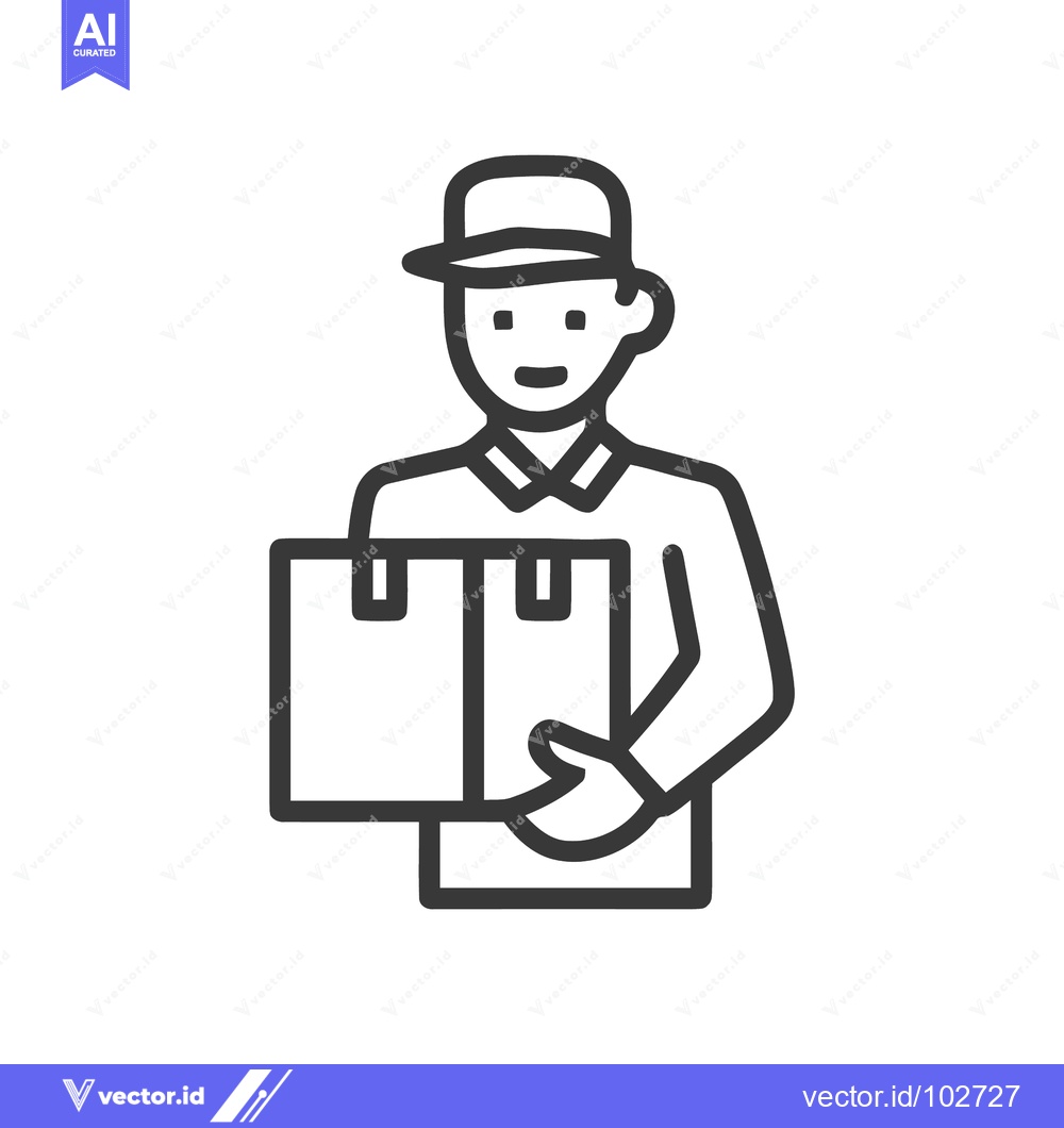 Premium Vector of Smiling Delivery Man in Cap Holding Package - Simple Line Art Icon for