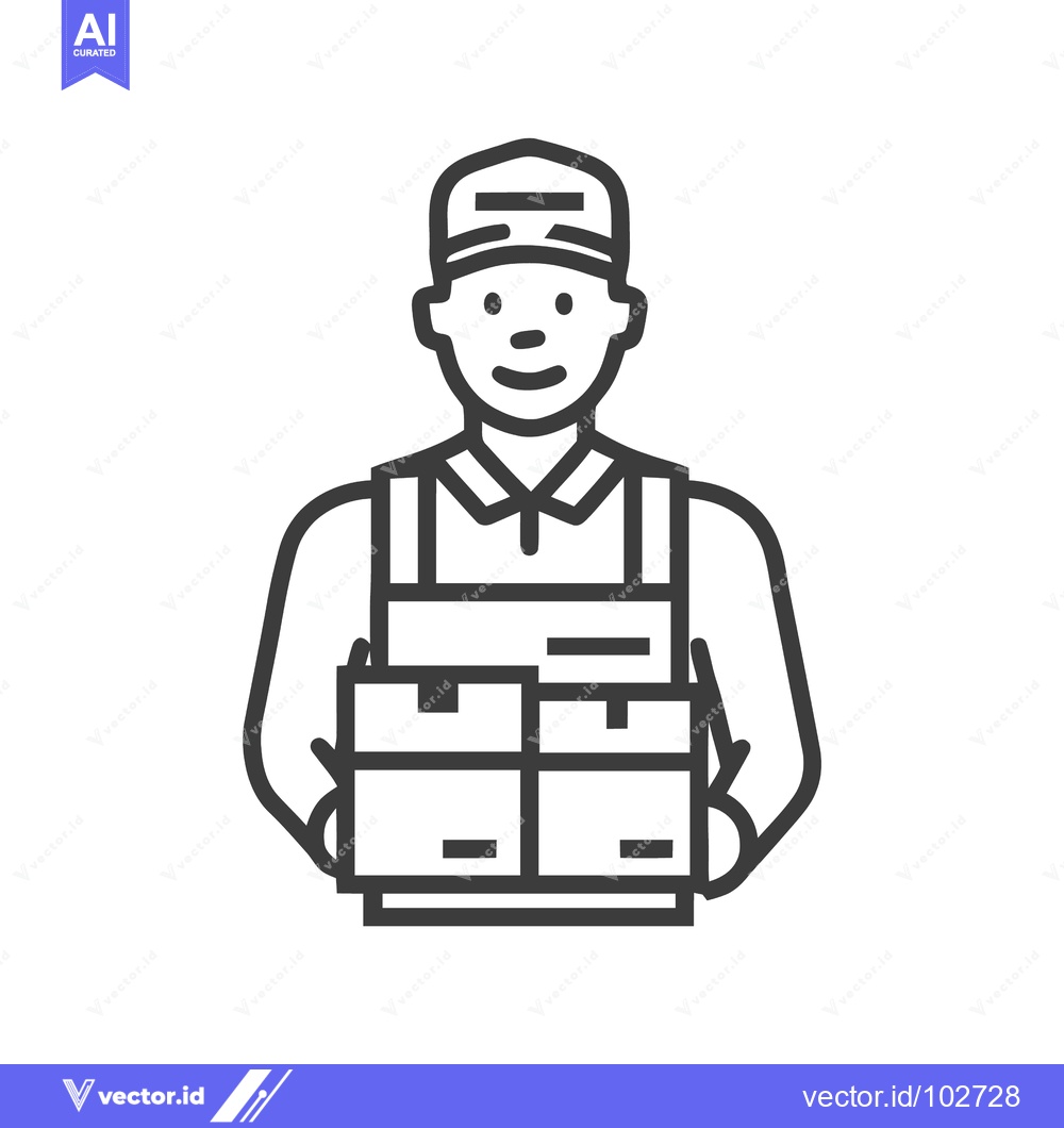 Premium Vector dari Smiling Delivery Person Icon Carrying Stacked Boxes, Minimalist Line A
