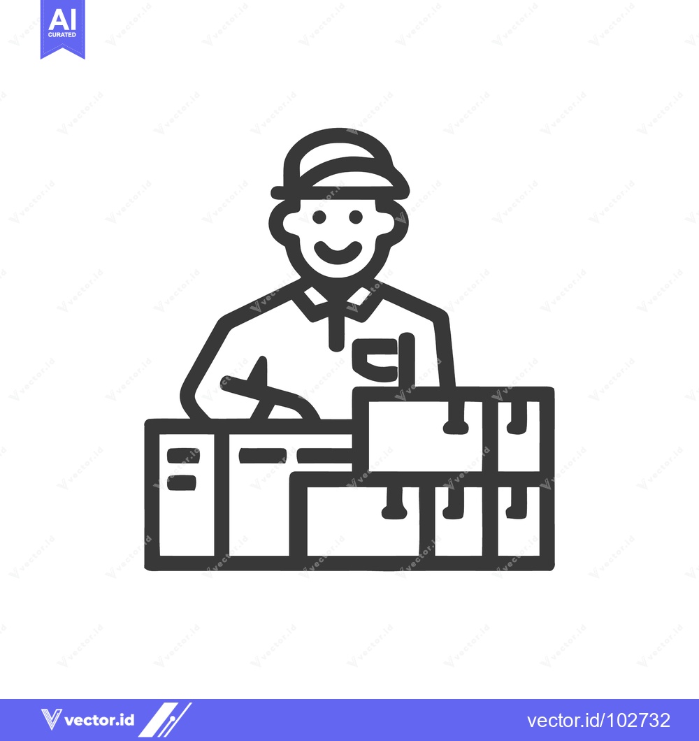 Premium Vector dari Smiling Logistics Worker Icon with Stacked Shipping Boxes, Monochrome