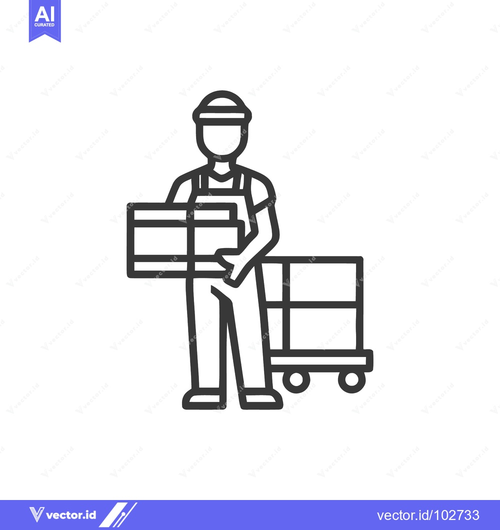 Premium Vector dari Line Art Icon of Delivery Worker with Boxes and Hand Truck, Logistics