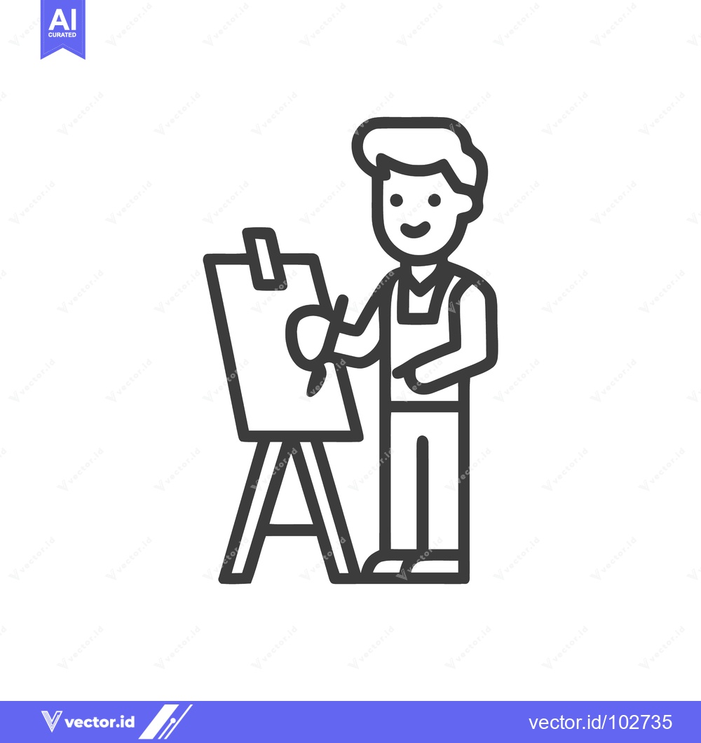Premium Vector of Simple Black Line Art of Smiling Artist Painting on Easel, Creative Ho