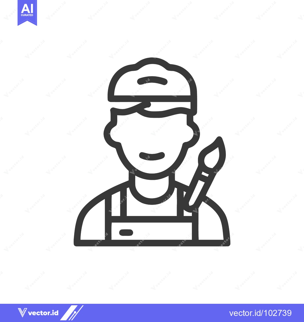 Premium Vector dari Minimalist Line Art Icon of a Smiling Painter with Cap and Paintbrush,