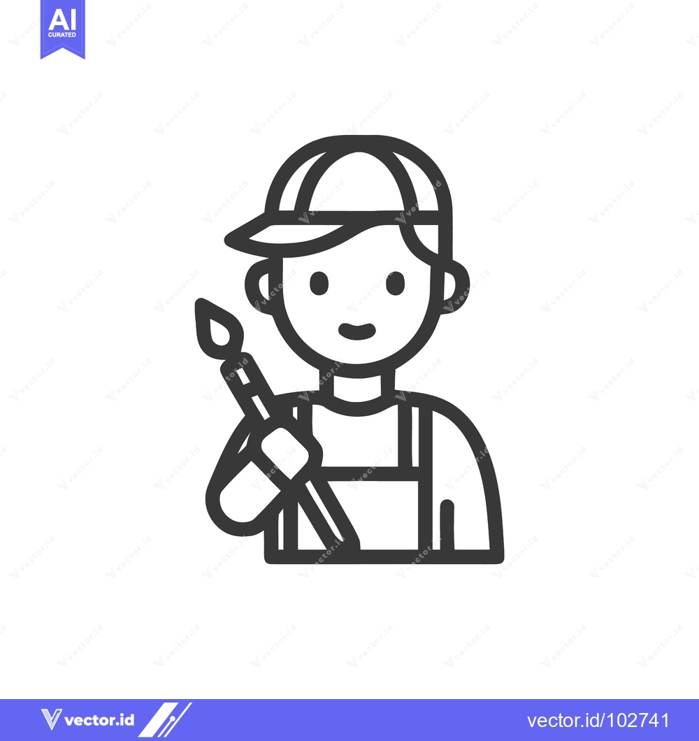 Premium Vector dari Clean Line Art Icon of Happy Artist or Painter Wearing Cap and Overall
