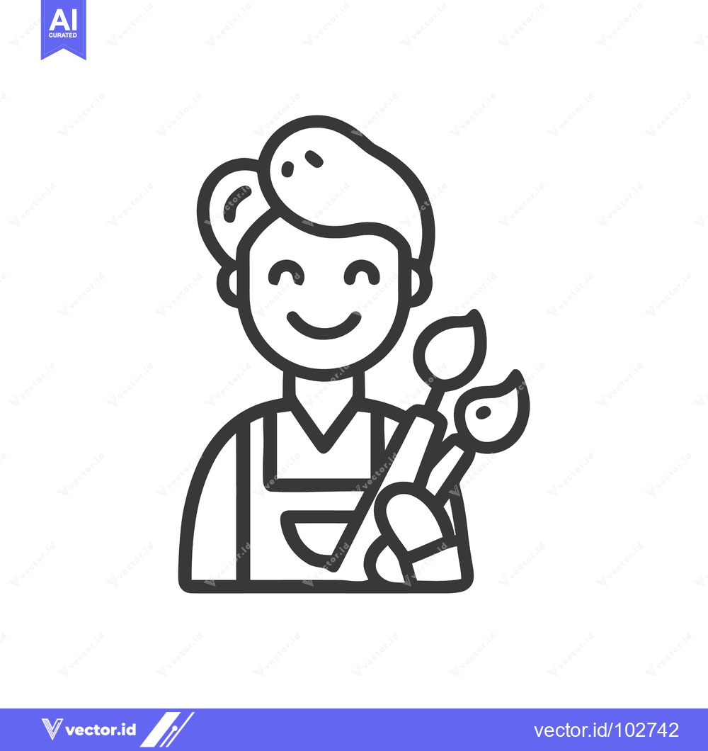 Premium Vector dari Cheerful Line Art Icon of an Artist Holding Paintbrushes in Apron, Cre