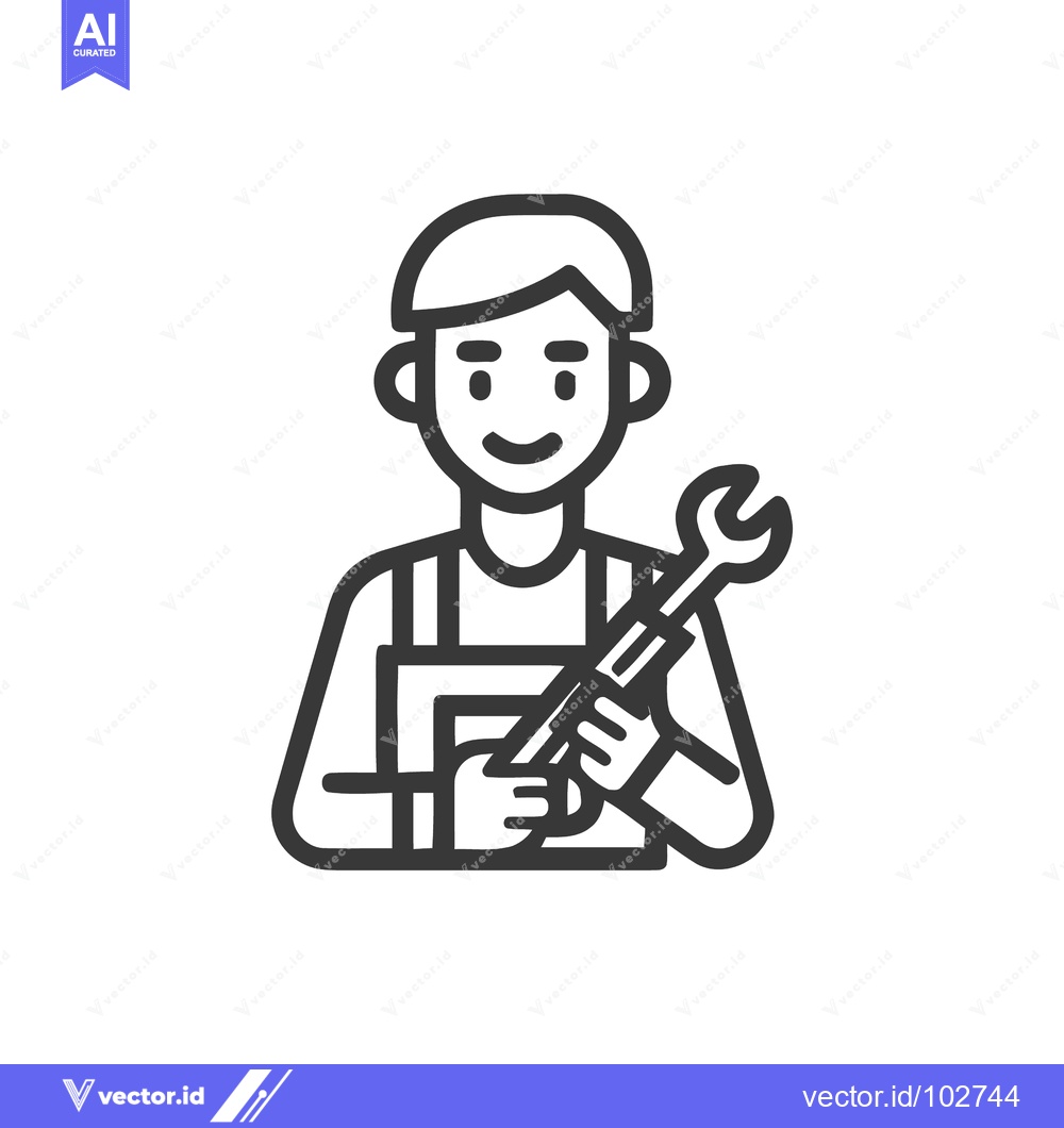 Premium Vector of Smiling Line Art Mechanic Icon Holding Wrench, Professional Repair Ser