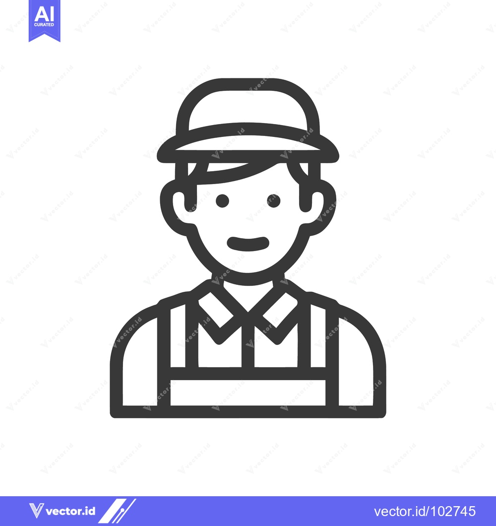 Premium Vector of Minimalist Line Art Icon of Smiling Person in Hat and Overalls, Clean