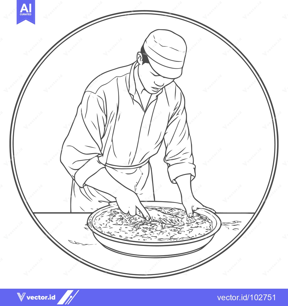 Premium Vector of Monochrome Line Art of Chef Mixing Ingredients in Large Bowl, Framed C