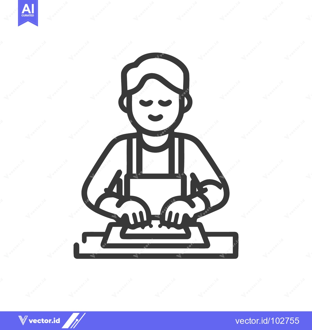 Premium Vector of Minimalist Line Art Icon of Person Kneading Dough or Crafting, Wearing