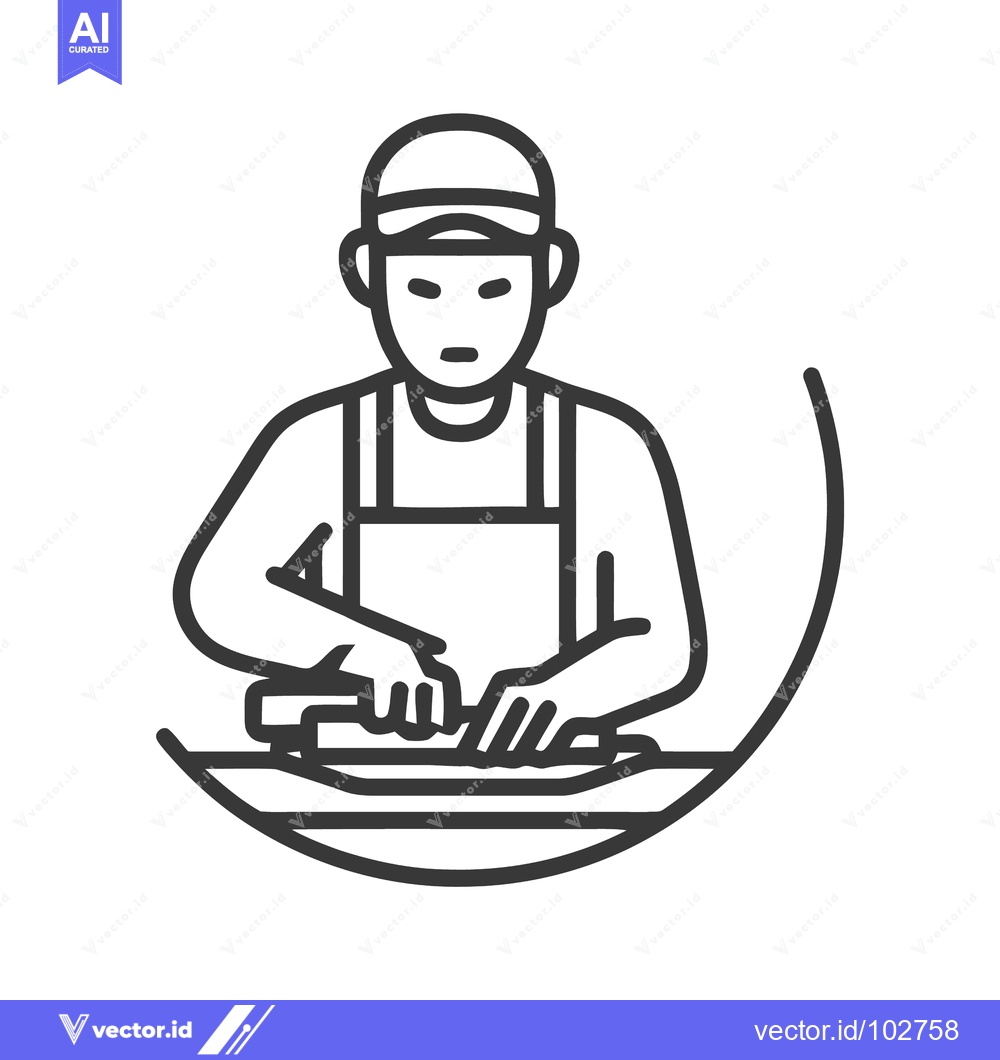 Premium Vector of Monochrome Line Art Icon of Chef Kneading Dough, Food Preparation Symb