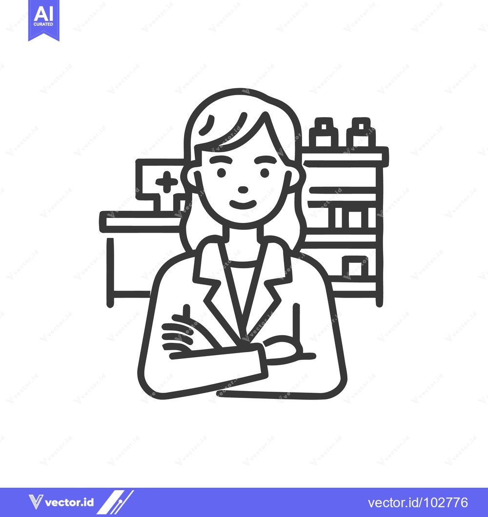 Premium Vector dari Professional Female Pharmacist Line Art Icon with Arms Crossed and Pha