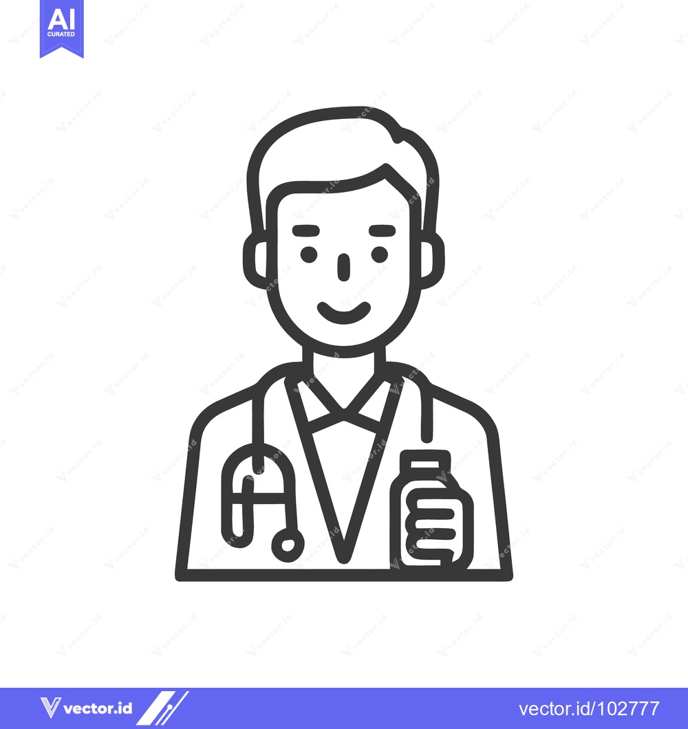 Premium Vector of Friendly Male Doctor Line Art Icon with Stethoscope and Medicine Bottl