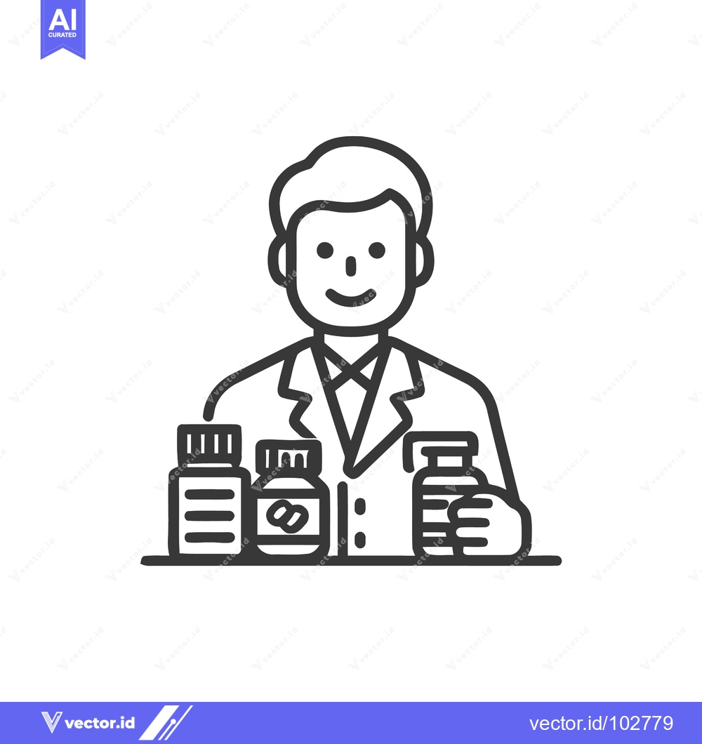 Premium Vector of Smiling Healthcare Professional Icon with Medicine Bottles in Minimali