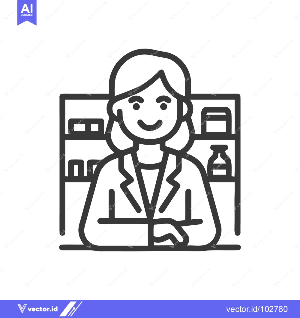 Premium Vector dari Smiling Female Pharmacist Icon with Pharmacy Shelves Line Art