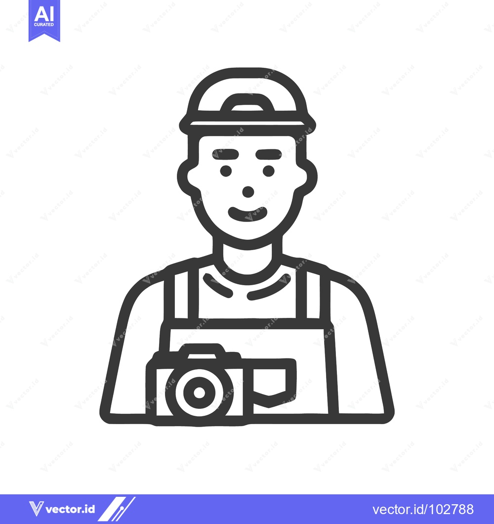 Premium Vector of Smiling Line Art Photographer Icon with Cap and Camera, Minimalist Vec