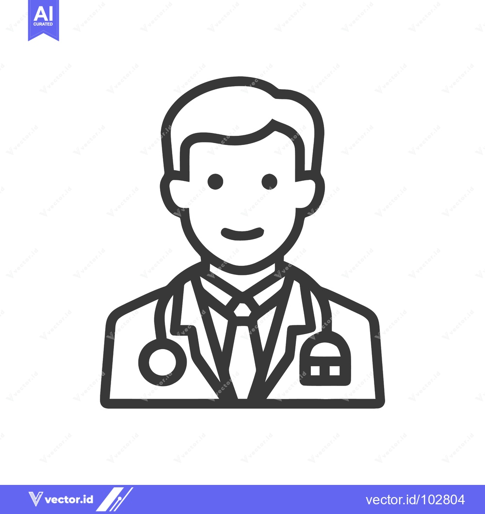 Premium Vector of Friendly Male Doctor Icon with Stethoscope, Minimalist Line Art for He
