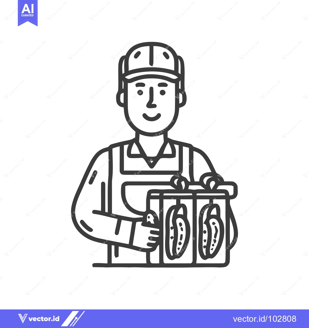 Premium Vector dari Friendly Delivery Man Icon with Box of Pickles, Outline Vector Illustr