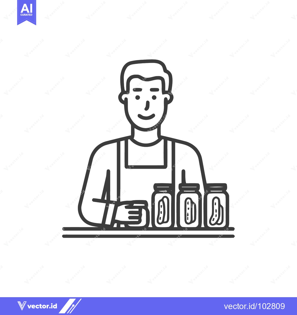 Premium Vector dari Smiling Man in Apron with Jars of Pickled Cucumbers, Minimalist Line A