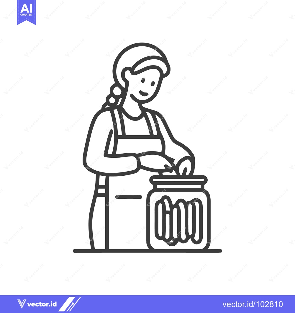 Premium Vector dari Smiling Woman Canning Food in Jar Line Art Icon, Home Preservation Act