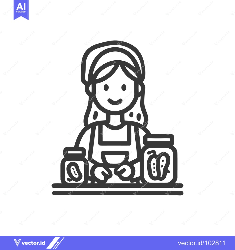 Premium Vector of Minimalist Line Art Icon of Smiling Woman Canning Homemade Pickled Veg