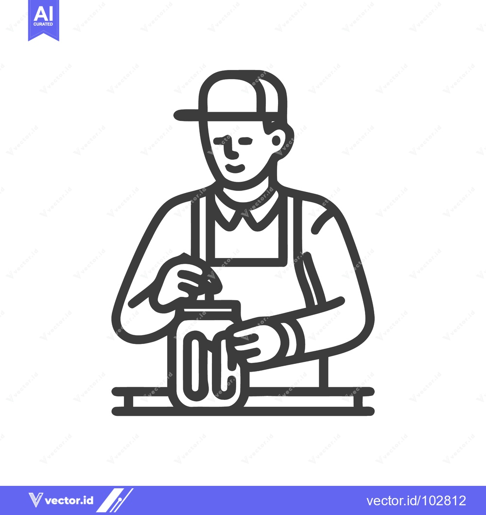 Premium Vector dari Clean Line Art Icon of Person in Apron & Cap Preparing Jar, Food Servi