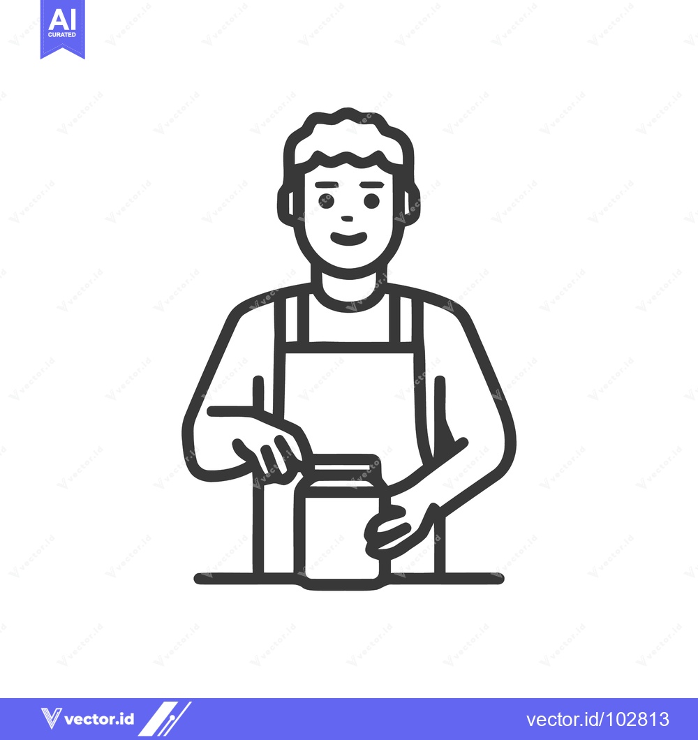 Premium Vector dari Smiling Chef or Maker in Apron with Jar, Minimalist Line Art Icon