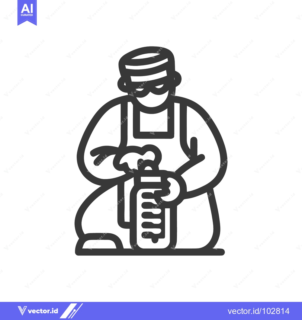 Premium Vector dari Minimalist Line Art Icon of Chef or Food Worker Bottling Liquid in Kne