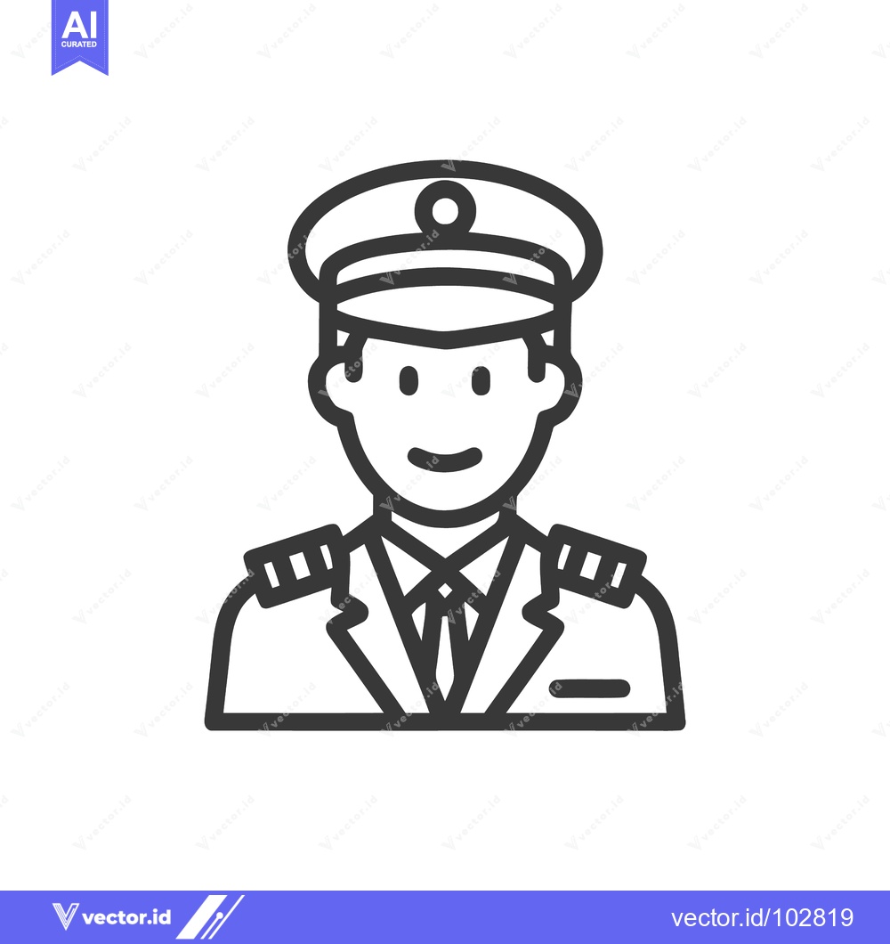 Premium Vector of Smiling Line Art Pilot Icon with Uniform and Cap, Professional Avatar