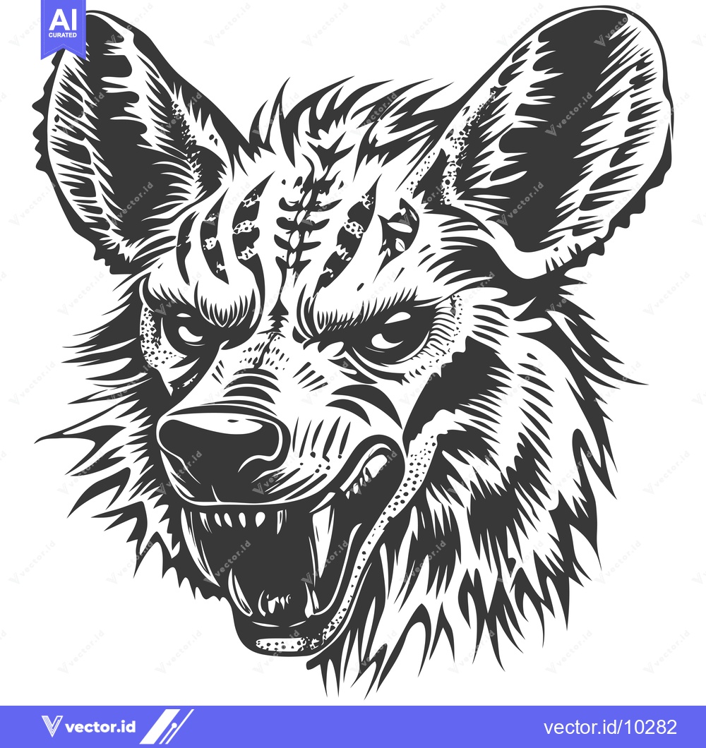 Premium Vector dari A Black and White Illustration of a Growling Hyena Head