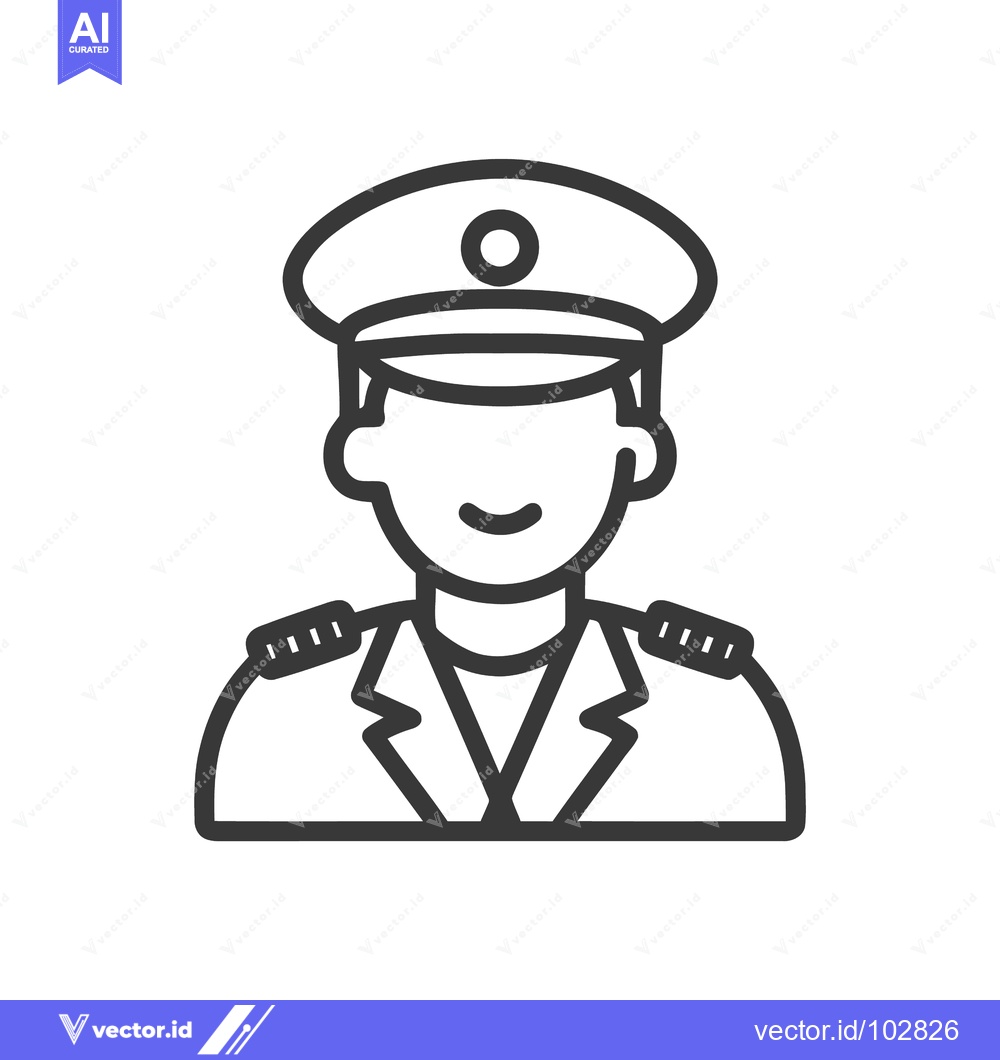 Premium Vector of Smiling Male Officer Icon with Peaked Cap and Epaulets, Simple Outline