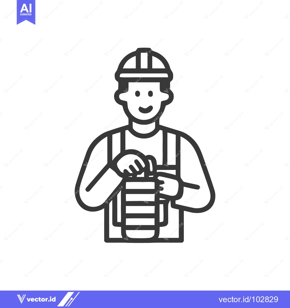 Premium Vector dari Smiling Line Art Worker in Hard Hat Holding Industrial Component Icon