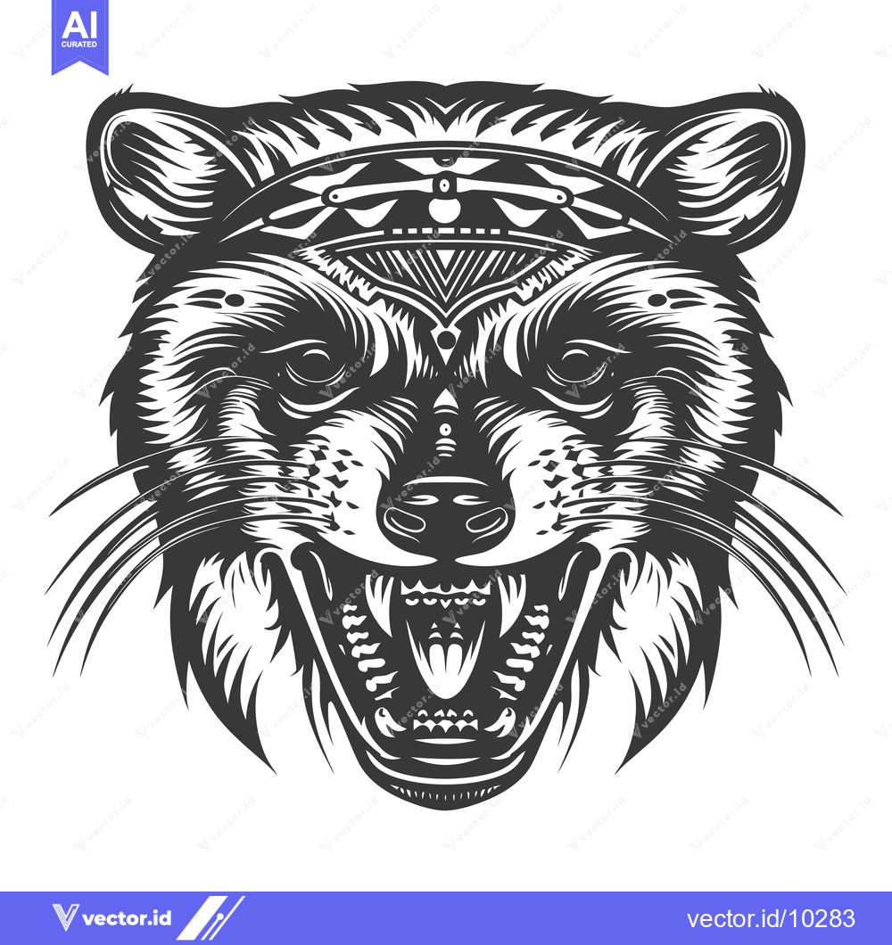 Premium Vector dari A Black and White Illustration of a Growling Raccoon Head with Tribal