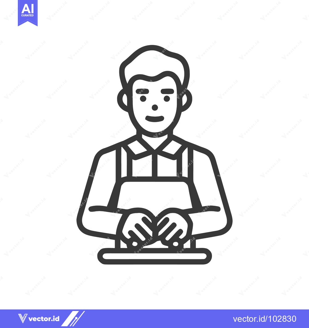 Premium Vector of Smiling Male Chef or Artisan Icon, Minimalist Line Art, Hands on Count