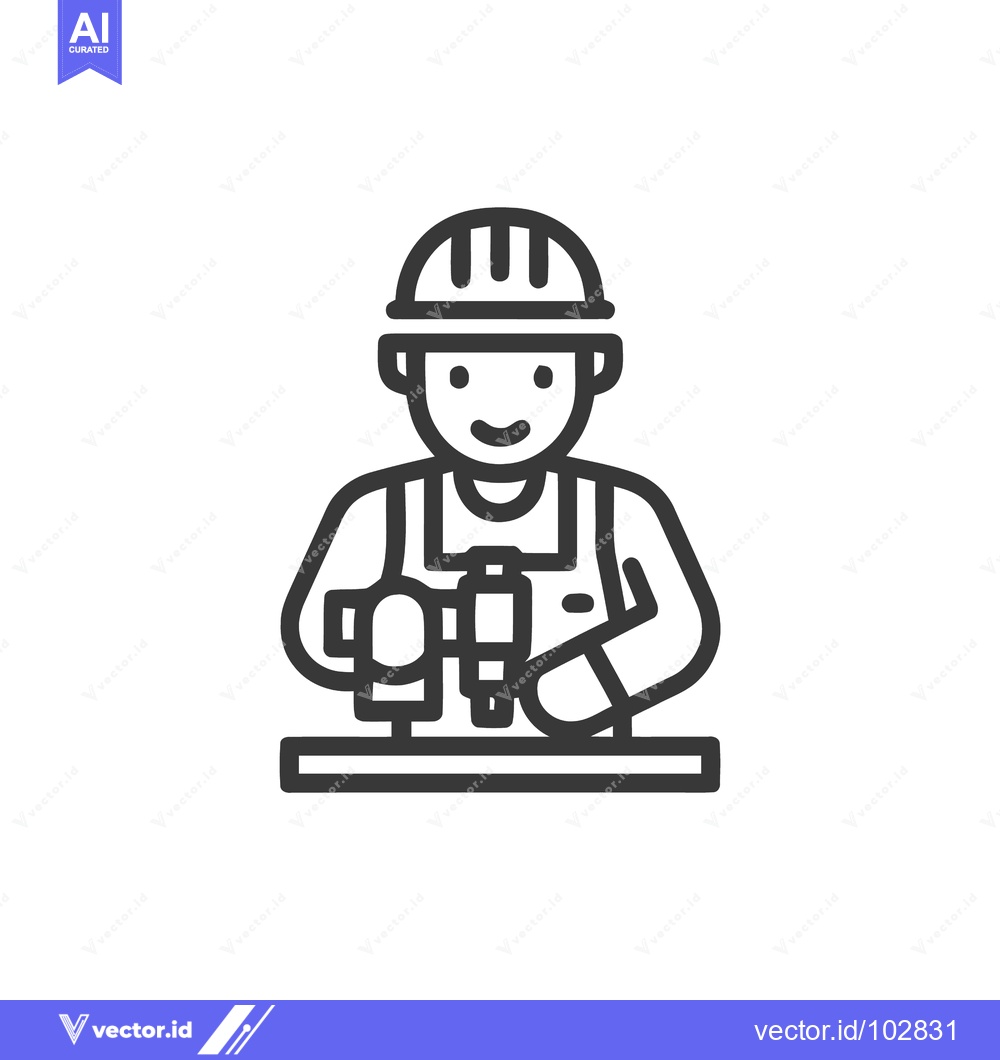Premium Vector dari Smiling Construction Worker Icon with Drill, Professional Builder Line